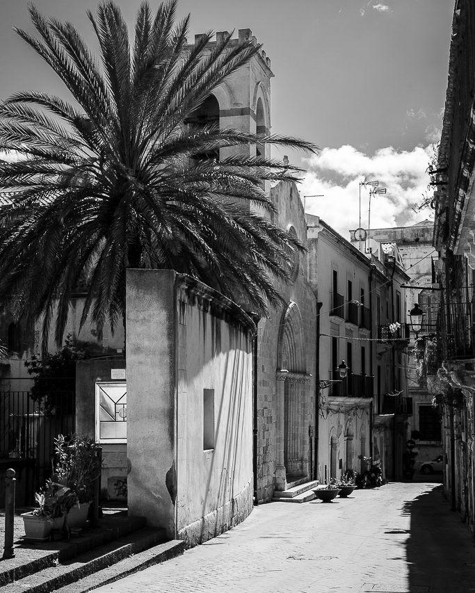 Black and white photo of a cobblestone alley in Ortygia, Siracusa, with historic buildings, balconies, a large palm tree, and a church partially visible in the background