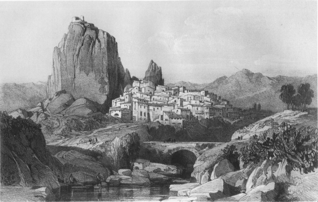 Black and white illustration of Palizzi, Calabria, drawn by Edward Lear in 1847. The image shows a steep rock formation above a hillside village with flat-roofed buildings, a stone bridge crossing a stream, and rugged mountains in the background.