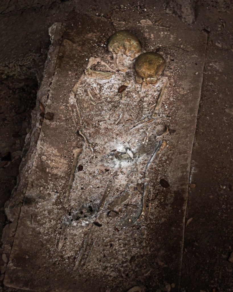 Replica skeletons of Romito 1 and Romito 2, a caregiver and a teenager with dwarfism, buried side by side.