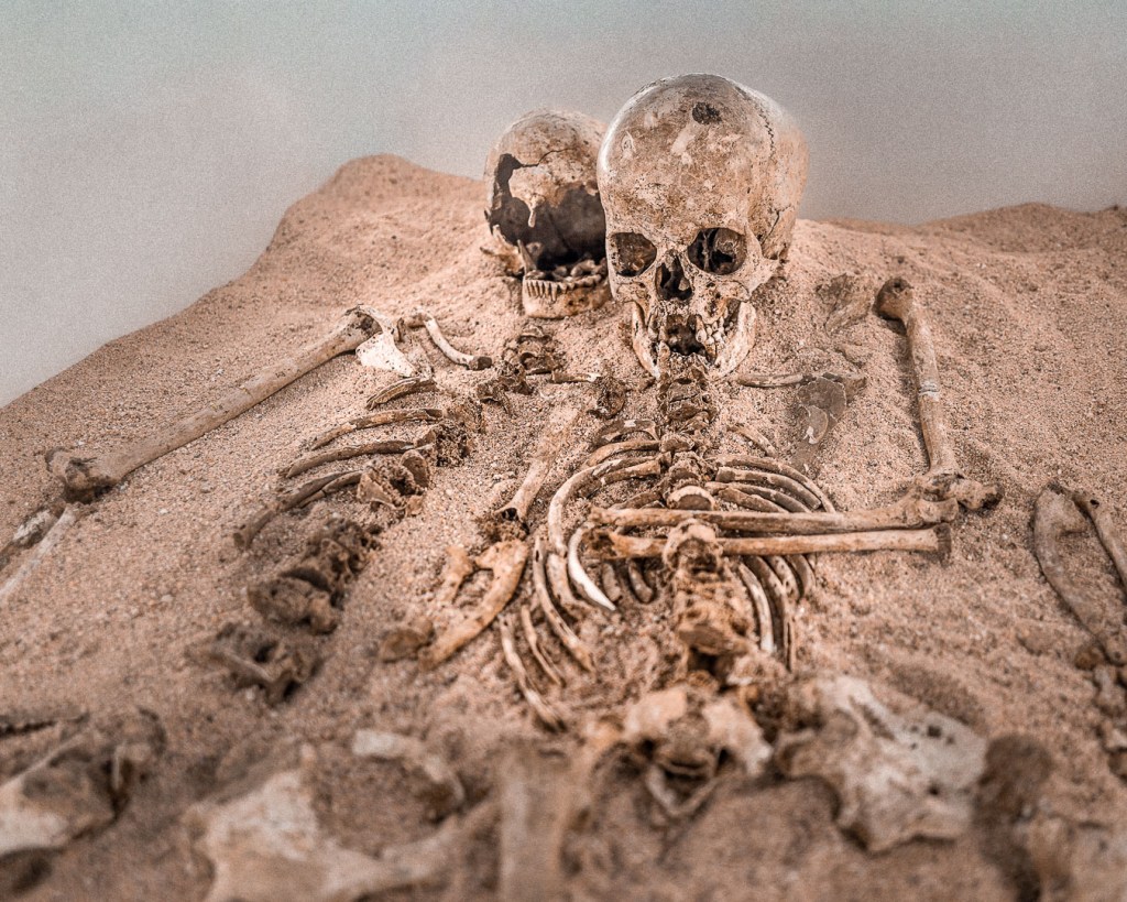 Close-up view of Romito 1’s arm curved around Romito 2, showing the protective position of the two skeletons.