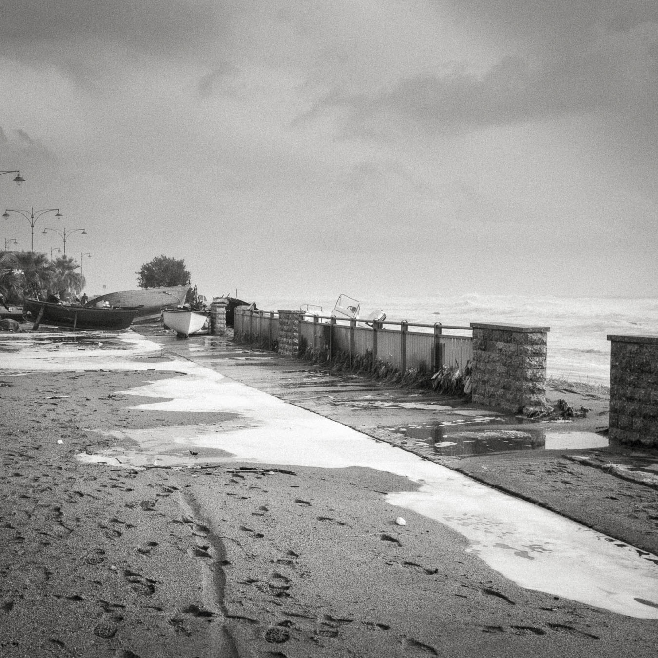 Flood-damaged coastal promenade in Brancaleone, Calabria
