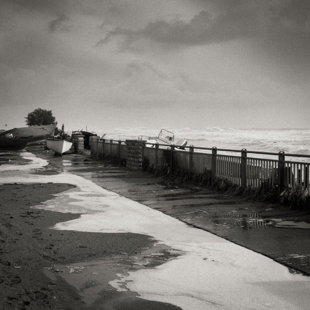 Flood-damaged coastal promenade in Brancaleone, Calabria