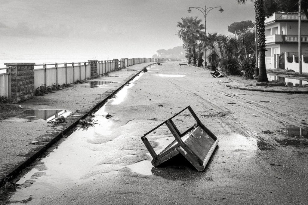 Flood-damaged coastal promenade in Brancaleone, Calabria