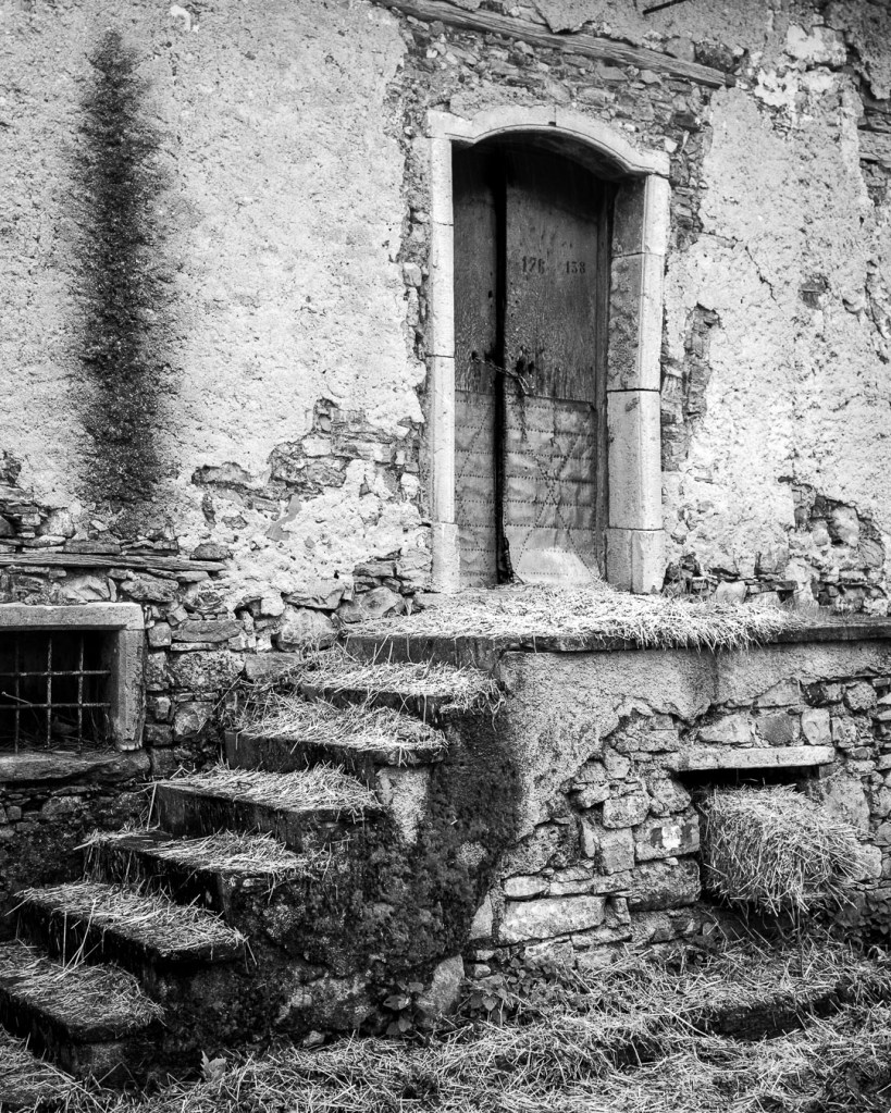 Weathered stone staircase leading to an abandoned building in Roscigno Vecchia, surrounded by overgrown vegetation.