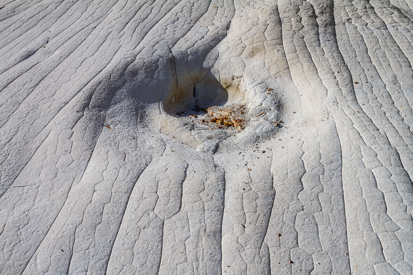 Close-up of eroded clay surface with parallel striations converging toward a circular depression at the center. Small organic debris inside the hollow. Calanchi di Palizzi, Calabria.
