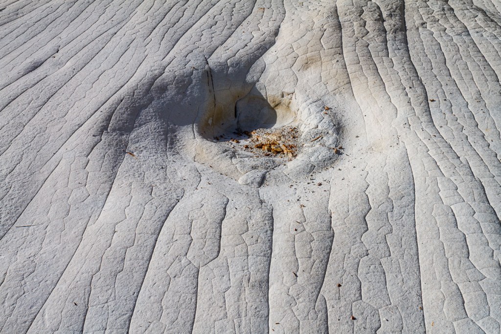 Close-up of eroded clay surface with parallel striations converging toward a circular depression at the center. Small organic debris inside the hollow. Calanchi di Palizzi, Calabria.